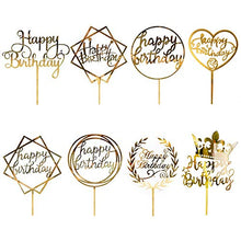 Load image into Gallery viewer, 8 Pack Happy Birthday Cake Topper, CBGGQ Multicolour Acrylic Cupcake Topper for Various Birthday Party Cake Decoration for Girls Kids Baby Birthday Wedding Mother Cake Decorations Supplies (Gold)