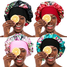 Load image into Gallery viewer, 4 Pieces Wide Band Satin Cap Sleep Bonnet Soft Night Sleep Hat Hair Loss Cap Salon Bonnet for Women, 4 Colours