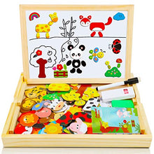 Load image into Gallery viewer, COOLJOY 100+ PCS Wooden Magnetic Puzzle, Magnetic Puzzle Board, Cute Pets Pattern Games Double Sided Jigsaw, Educational Drawing Easel Blackboard Wood Toys For Kids Up 3 Years Old Imagination