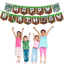 Load image into Gallery viewer, Pixel Style Birthday Party Supplies, Game Party Decorations Include Happy Birthday Banners, Cupcake Toppers, Balloons, Ribbons, for Minecraft Players Birthday Party Decorations
