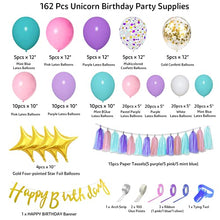 Load image into Gallery viewer, 162 Pcs Unicorn Birthday Balloons Arch Garland Set Girls Lady Happy Birthday Banner Tassels Decorations Kit Pastel Macaron Purple Pink Party Foil Gold Star Pastel Confetti Latex Balloons Baby Shower