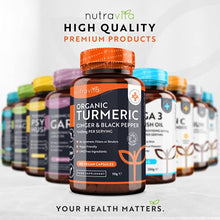Load image into Gallery viewer, Organic Turmeric 1440mg (High Strength) with Black Pepper & Ginger - 180 Vegan Turmeric Capsules (3 Month Supply) – Organic Turmeric with Active Ingredient Curcumin - Made in The UK by Nutravita