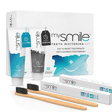 Load image into Gallery viewer, Day & Night Teeth Whitening Kit - with 60ml Each Aloe Vera Toothpaste, Activated Charcoal Toothpaste & 2 Bamboo Toothbrushes for Fresh Breath & White Teeth - Vegan, Peroxide Free & Enamel Safe