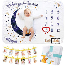 Load image into Gallery viewer, Baby Milestone Blanket With Birthday Banner | Monthly Photo Mat for Boy or Girl, Unisex | Age Mat | Personalised Baby Shower Present for New Mums | Moon & Stars Theme | Includes Year Banner