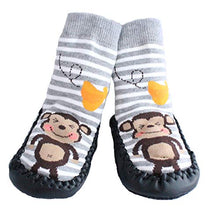 Load image into Gallery viewer, Baby Boys Girls Moccasins NON-SKID Indoor Shoes Socks STRIPED GREY MONKEY (2 Years +)