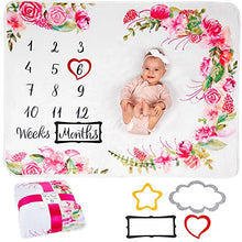 Load image into Gallery viewer, Baby Milestone Blanket | Monthly Photo Mat for Boy or Girl, Unisex | Flowers & Leaves Theme | Personalised Baby Shower Present for New Mums | Age Mat | Soft & Comfortable | Includes Coloured Frames