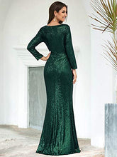 Load image into Gallery viewer, Ever-Pretty Women's Long Sleeve V Neck Floor Length Elegant Mermaid with Thigh High Slit Sequin Wedding Guest Dresses Dark Green 14UK
