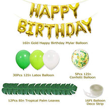 Load image into Gallery viewer, Jungle Theme Party Supplies - 16 inch Happy Birthday Banner with 12pcs Palm Leaves 30pcs Latex Balloons 5pcs Confetti Balloons and 1pcs Balloon Strip for Dinosaur Jurassic Forest Hawaiian Party Decor