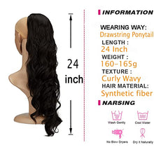 Load image into Gallery viewer, Long Wavy Ponytail Hair Extension 24" Drawstring Body Wavy Ponytails Curly Clip in Dark Brown Synthetic Hairpiece for Women Girls, 160g