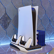 Load image into Gallery viewer, Q-View PlayStation 5 Vertical Stand, 4 in 1 Docking Station, Controller Charger, Cooling Fan and Games Storage Tray for PS5 Console, Disk and Digital Version PlayStation 5 Compatible (White/Black)