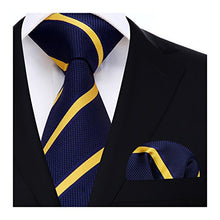 Load image into Gallery viewer, HISDERN Striped Wedding Tie Handkerchief Men's Necktie & Pocket Square Set (Yellow & Navy)