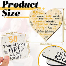 Load image into Gallery viewer, Happy 50th Golden Wedding Anniversary Wooden Hanging Heart Plaque and Pair of Mr Right and Mrs Always Right Coaster Square Coaster for Parents Friends 50th Anniversary Party Present