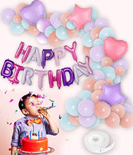 Load image into Gallery viewer, Pannu Design Mix colour Pastel Balloon arch kit, colourful Garland, Mix Macaron colour Happy Birthday Banner, Pink Heart & Purple Star foil with pink ribbons. For Baby shower, kids birthdays. 79 pcs