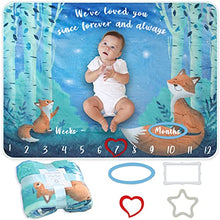 Load image into Gallery viewer, Baby Milestone Blanket | Monthly Photo Mat for Boy or Girl, Unisex | Personalised Baby Shower Present for New Mums | Age Mat | Fox, Woodland & Star Theme | Soft & Thick | Includes Coloured Frames
