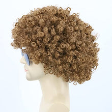 Load image into Gallery viewer, Topcosplay 3 PCS Men's Wig 70s 80s Disco Dude Dirt Bag Wig & Moustache Necklace Short Curly Afro Shaggy Wig Blonde Mixed Black (Light Brown)