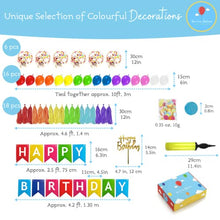 Load image into Gallery viewer, Birthday Decoration Set | Trendy Party Decorations in Rainbow Colours | Happy Birthday Banner | Balloon Garland | Tassel Garland | Confetti Balloons | Table Confetti | Cake Topper | Pump | UK Brand