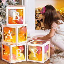Load image into Gallery viewer, Baby Shower Boxes Party Decorations with 4 Warm White Fairy Lights and 32 Balloons, 4 PCS Transparent Boxes Baby Shower Blocks for Girls Boys Baby Shower Decorations ()