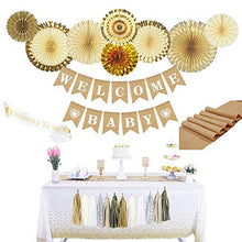 Load image into Gallery viewer, Gender Neutral Baby Shower Decorations for Boy Or Girl (24 pcs.) - Rustic Burlap Banner, Table Runner, Mommy to Be Sash, Tablecloth, Pre-Strung Foil Fans, Tissue Paper Tassels, Oh Baby Party Supplies