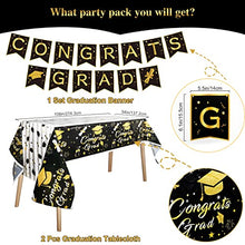 Load image into Gallery viewer, OurWarm Black Gold Graduation Party Supplies 2022, Graduation Party Tableware Including Tablecloth Banner Paper Party Plates Cups Straws Napkin Dinnerware Set for Graduation Decoration - for 24 Guests
