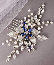 Load image into Gallery viewer, Anglacesmade Bridal Sapphire Crystal Hair Comb Pearl Blue Crystal Leaf Marquise Hair Piece Prom Party Festival Wedding Hair Accessories for Women and Girls (Silver)
