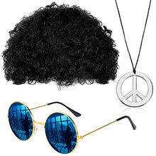 Load image into Gallery viewer, Gejoy Hippie Costume Set Funky Afro Wig Sunglasses Peace Sign Necklace for 50/60/70s Theme Party (Black)