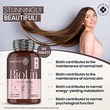 Load image into Gallery viewer, Biotin Hair Growth Supplement 12000mcg - 365 Biotin Tablets (Vitamin B7) - 1 Year Supply - Skin Hair Nail Vitamins for Women & Men - Vegan Biotin Vitamins - Non-GMO & Gluten Free - Made in The UK