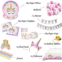 Load image into Gallery viewer, Unicorn Party Birthday Decoration Set Unicorn Paper Plates Cups Napkins Tablecover Birthday Banner Paper Straws-Serves 16 Guests