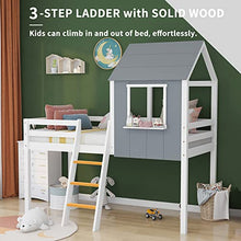 Load image into Gallery viewer, WEALTHGIRL Wooden Bed, Cabin Loft Bed Frame, Pine Wood Frame, Mid-Sleeper with Treehouse Canopy & Ladder, Central Ladder, Shaped with Space-Saving Design for Bedroom Home