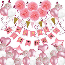 Load image into Gallery viewer, Birthday Decorations, 79 pcs Balloons Party Decoration for Girls & Boys Women with Pink Happy Birthday Banner Tissue Paper Flowers Hanging Swirls for Birthday Party Supplies