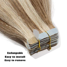 Load image into Gallery viewer, Human Hair Extensions Tape in Straight Skin Weft 100% Remy Real Hair 20pcs 40g Natural Full Head 14" 12/613# Golden Brown and Bleach Blonde