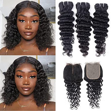 Load image into Gallery viewer, Deep Wave Bundles With Closure T Middle Part Brazilian Curly Human Hair Bundles With Lace Closure Unprocessed Weave Human Hair Bundles With 4x4x1 Closure Natural Color (10 12 14+10 Inch, 70g/bundle)