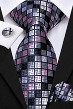 Load image into Gallery viewer, Hi-Tie Silk Mens 3 PCS Tie Set with Gift Box Designer Necktie Handkerchief Cufflinks Silver Ties Clip Set Collection, Pink Gray Orange, Medium