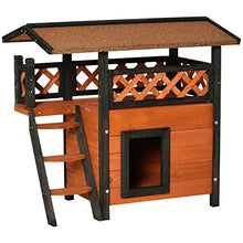Load image into Gallery viewer, PawHut Cat House Outdoor Kitten Shelter Puppy Kennel with Balcony Stairs Asphalt Roof, 77 x 50 x 73 cm, Brown