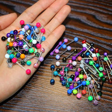 Load image into Gallery viewer, OUFER 100PCS 14G 316L Stainless Steel Tongue Rings Ball Acrylic Tongue Piercing Tongue Barbells (Random Colors)