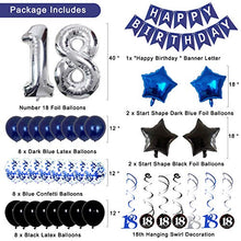 Load image into Gallery viewer, 18th Birthday Decorations Navy Blue for Boys Mens Girls, Party Decorations with Swirl Decoration 18th Happy Birthday Banner and Star Foil Balloons Confetii Latex Blue Balloons for Party Supplies
