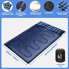Load image into Gallery viewer, WERTYCITY Double Sleeping Bag Cotton Flannel for Camping Backpacking Hiking, Queen Size XL for 2 Person, Cold Weather Lightweight Waterproof Sleeping Bag with 2 Pillows for Adults and Kids(Navy)