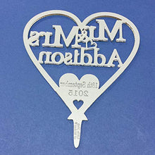 Load image into Gallery viewer, Personalised Mr & Mrs Wedding Heart Cake Topper Decorations 25th Anniversary Keepsake - Title Surname Date Decor (12.5cm) Silver Mirror Acrylic