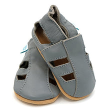 Load image into Gallery viewer, Dotty Fish Soft Leather Baby Shoes with Suede Soles. Toddler Sandals. Boys & Girls Grey Sandals. 0-6 Months (1 UK Child)