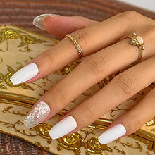 Load image into Gallery viewer, Sethexy Medium White Fake Nails Ballerina Glitter Stick on Nails Glossy Coffin False Nails Snow Nails with Glue 24Pcs Acrylic Art Press-on Nail Tips for Women and Girls