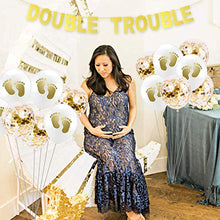 Load image into Gallery viewer, JOYMEMO Twins Baby Shower Decorations Set Gold, Double Trouble Banner Glitter, OH BABIES Confetti Balloons, Mummy To Be Sash for Babies Gender Reveal Party Supplies