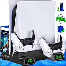 Load image into Gallery viewer, PS5 Cooling Stand for Playstation 5 Console, PS5 Vertical Stand and Dual Controller Chargers, PS5 Accessories Holder with 13 Game Storage for PS5 Console/ PS5 Digital Edition/Ultra HD