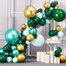 Load image into Gallery viewer, PartyWoo Green and Gold Balloon Garland Kit, 121 pcs Jungle Theme Party Supplies, Green Balloons, Metallic Gold Balloons, Tropical Leaves for Birthday Decorations, Baby Shower Decorations Neutral