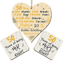 Load image into Gallery viewer, Happy 50th Golden Wedding Anniversary Wooden Hanging Heart Plaque and Pair of Mr Right and Mrs Always Right Coaster Square Coaster for Parents Friends 50th Anniversary Party Present
