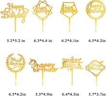 Load image into Gallery viewer, OWill 8 Pcs Acrylic Glitter Gold Cake Topper Acrylic Cake Toppers Happy Birthday Cake Topper Cake Decoration Party Supplies for Children or Adults Various Cupcake Topper (Gold)