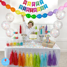 Load image into Gallery viewer, Birthday Decoration Set | Trendy Party Decorations in Rainbow Colours | Happy Birthday Banner | Balloon Garland | Tassel Garland | Confetti Balloons | Table Confetti | Cake Topper | Pump | UK Brand