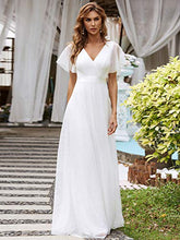 Load image into Gallery viewer, Ever-Pretty Women's V Neck Short Sleeve Empire Waist Tulle A Line Long Elegant Wedding Dresses White 12UK