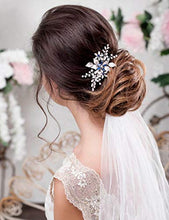 Load image into Gallery viewer, Anglacesmade Bridal Sapphire Crystal Hair Comb Pearl Blue Crystal Leaf Marquise Hair Piece Prom Party Festival Wedding Hair Accessories for Women and Girls (Silver)