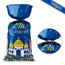Load image into Gallery viewer, 100 Pieces Eid Mubarak Party Treat Bags, Ramadan Theme Printed Pattern Gift Bags Cellophane Clear Plastic Goodie Favor Bags with Silver Twist Ties for Eid Mubarak Party