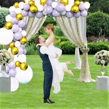 Load image into Gallery viewer, Balloon arch kit 125 Pcs - White, Macron Grey, Gold Metallic Latex Balloons Garland with Knotter and Arch Strip, Birthday Balloons for Boy Girl, Baby Shower, Wedding, and Engagement Party Decorations