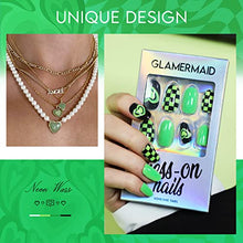 Load image into Gallery viewer, Press on Green Nails Medium Short Almond, Neon Green Acrylic Oval Fake Nails with Checkerboard Design Stick Glue on Nails 24PCS Reusable False Nail Tips with 48Pcs Adhesive Tabs Nail File, Cuticle Stick, Gift for Girlfriend/Women GLAMERMAID
